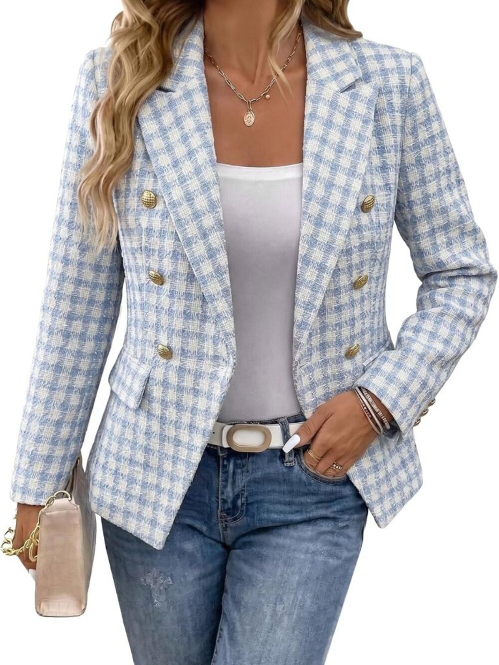 Chic Women's Tweed Blazer Jacket - Plaid Business Casual Outerwear for Fall